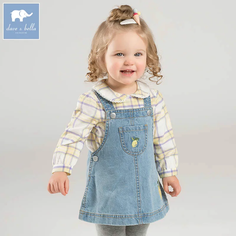 DBA6621 dave bella spring infant baby girl's denim dress fashion strap birthday suspenders toddler children clothes | Детская одежда