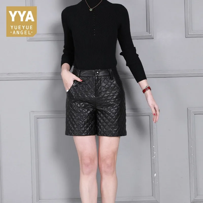 2021 New Genuine Leather Shorts for Women Winter High Waist Slim Fit Zipper Wide Leg Short Pants Party Wear Female Streetwear