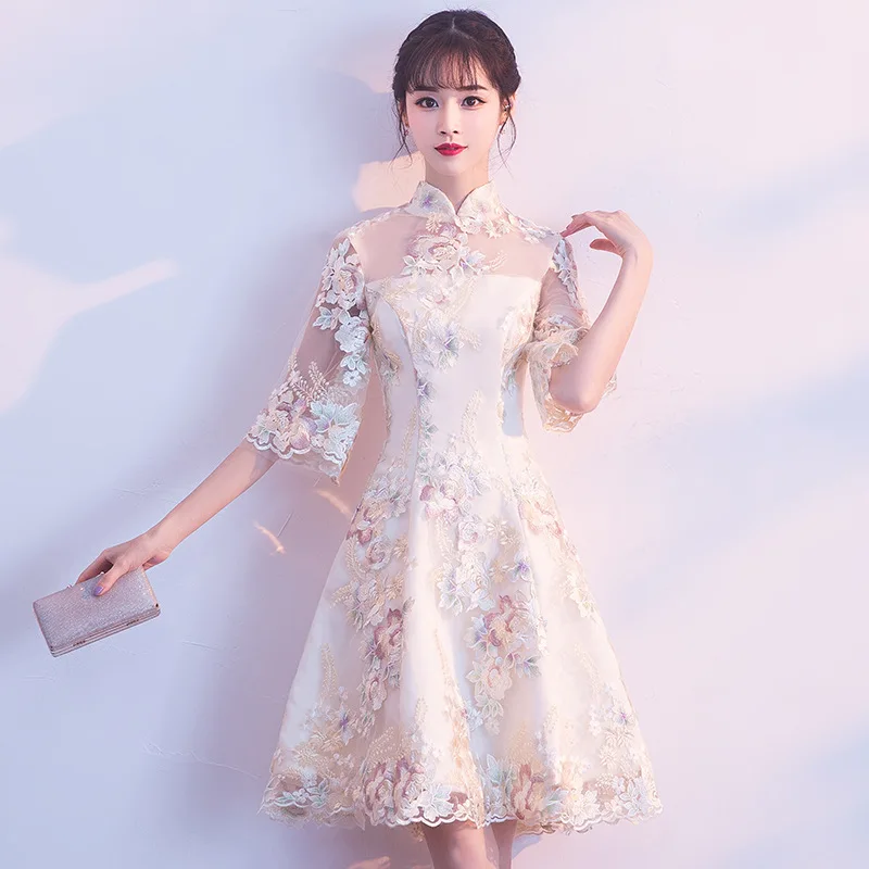 Фото Кружевное китайское платье цвета шампанского, вечерние платья Qipao, платье Cheongsam для невесты, новое вечернее платье, восточные свадебные платья, Vestido, размер 2XL №1