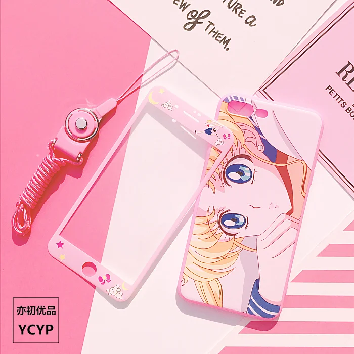 For iphone X Cute Sailor Moon Case +Tempered Glass Screen film for 7 8 8plus 6 6S plus Pink cover + Strap +Metal Gift box |