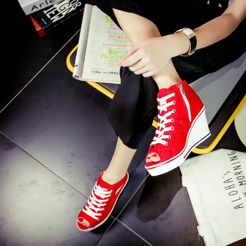 Spring summer 2019 new lady Wedges peep toe Canvas Shoes Woman Platform High top Height Increasing Casual big size A138 | Обувь