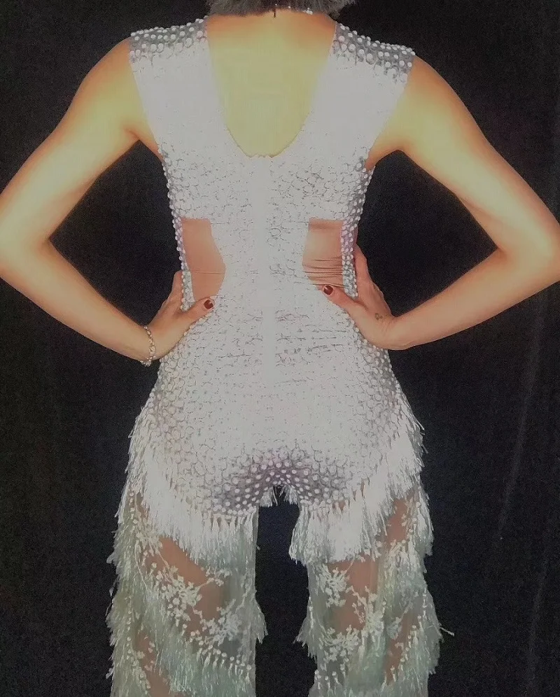 White Stones Women Street Wear Fantastic Tassel Jumpsuit Sleeveless Sexy Ladies Evening Party Stretch Lace Leotard Clothing | Женская