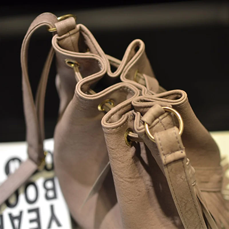 Vintage Tassel Bucket Bag Women 2018 Fashion PU Leather Shoulder Bags Black Brown Pink Gray Female Drawstring Crossbody | Багаж и сумки