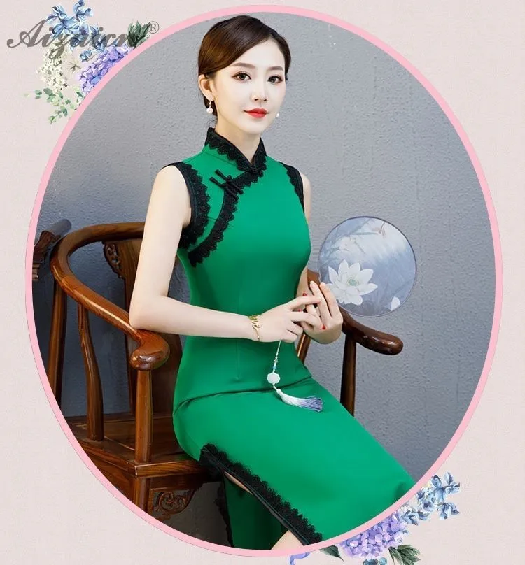 Весна Лето Новые Длинные Cheongsam современные тонкие без рукавов Qi Pao Chinoise желтые кружевные платья женское китайское платье Qipao Robe