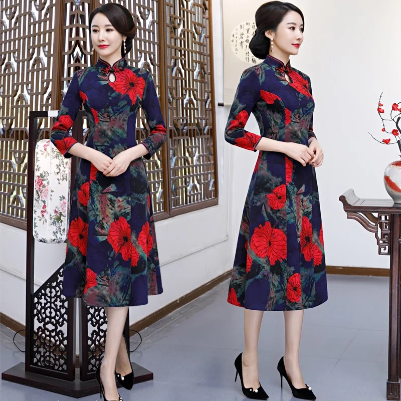 Женское традиционное китайское платье Cheongsam миди большого размера TA1326 зима 2019 |