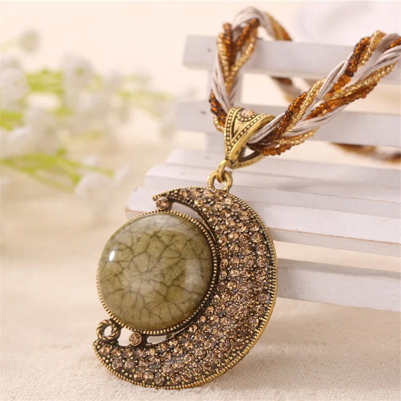 17 colors fashion ethnic handmade half moon gem stone maxi colar necklace bohemian pearls beads chain pendant bib jewelry lady | Украшения