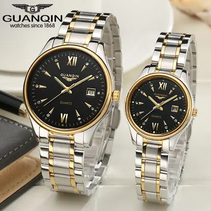 gold black GUANQIN парные часы, набор для мужчин и женщин, модные часы для влюбленных, наручные часы с датой, роскошные золотые кварцевые часы, женские часы, женские наручные часы - Цвет: gold black