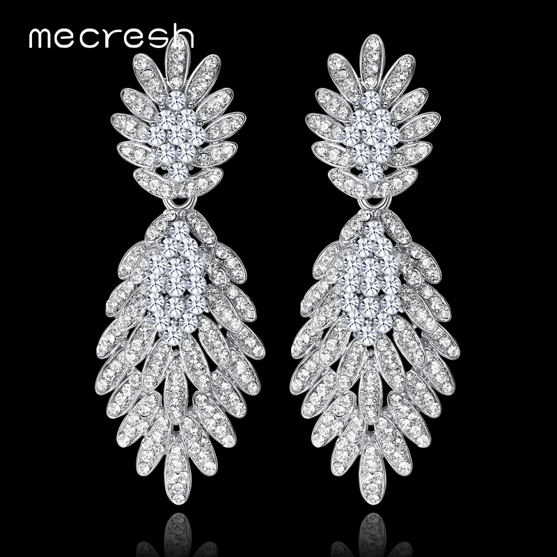 Длинные висячие серьги Mecresh в виде растения для невесты серебряный цвет стразы с