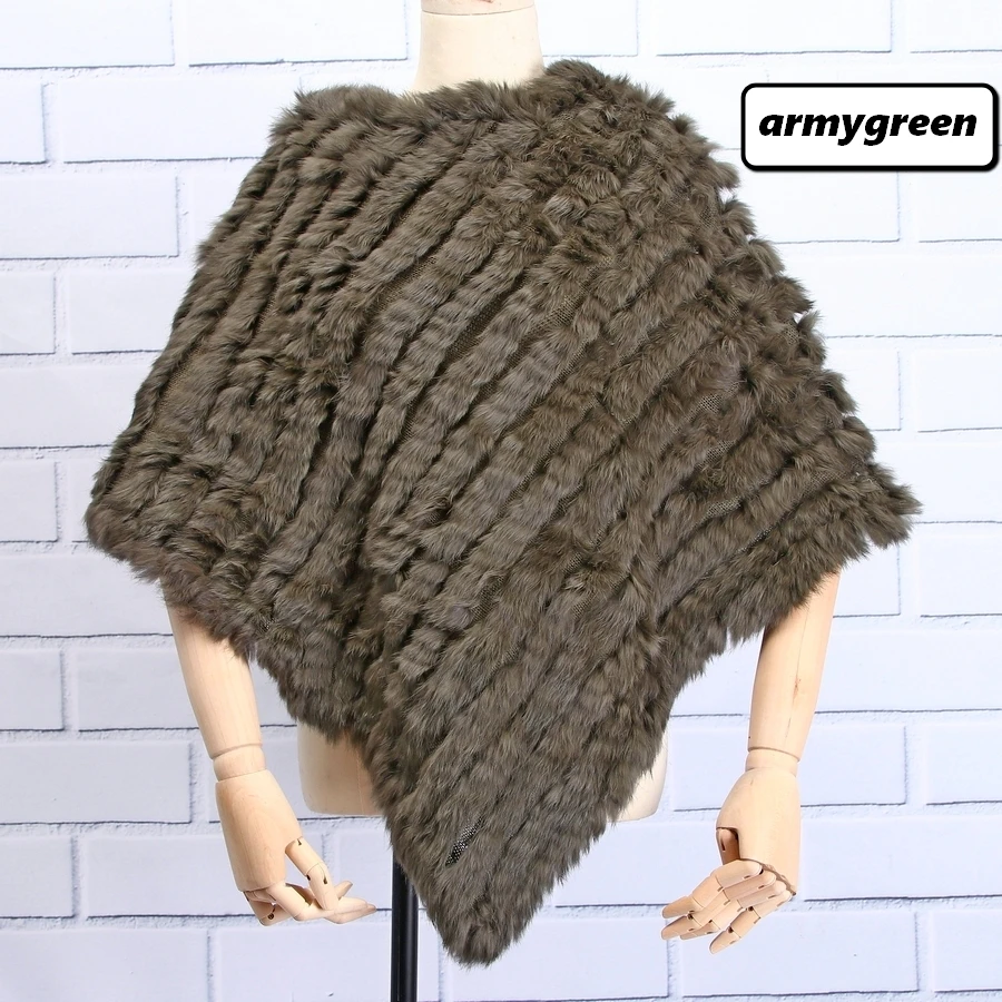 army green ZDFURS* Настоящий вязаный кроличий мех пончо обёрточная бумага пашмины шарфы женский вечерний пуловер натуральный кроличий мех шаль треугольная накидка - Цвет: army green