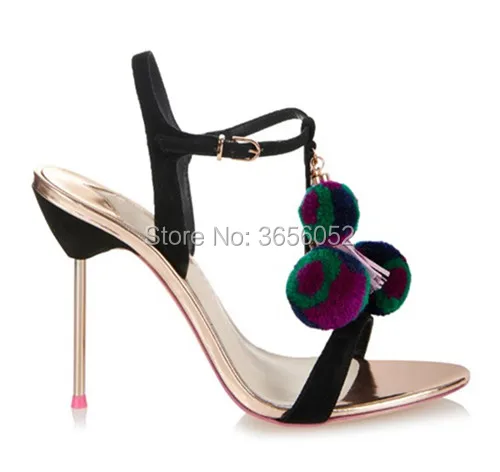 QianruitiМодная Милая женская обувь; Летние ботильоны; Zapatos Pom; Женские босоножки на высоком каблуке-шпильке; Цвет черный, серебристый (art.: 7a6d217e2) - 7a6d217e2