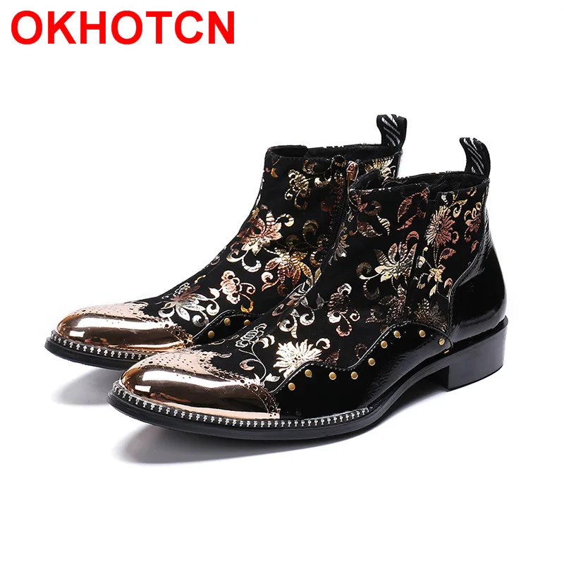 

Large Size Metal Toe Business Mens Boots Real Leather Dress Boots Floral Studded Cowboy Western Martin Chelsea Ankle Boots Male
