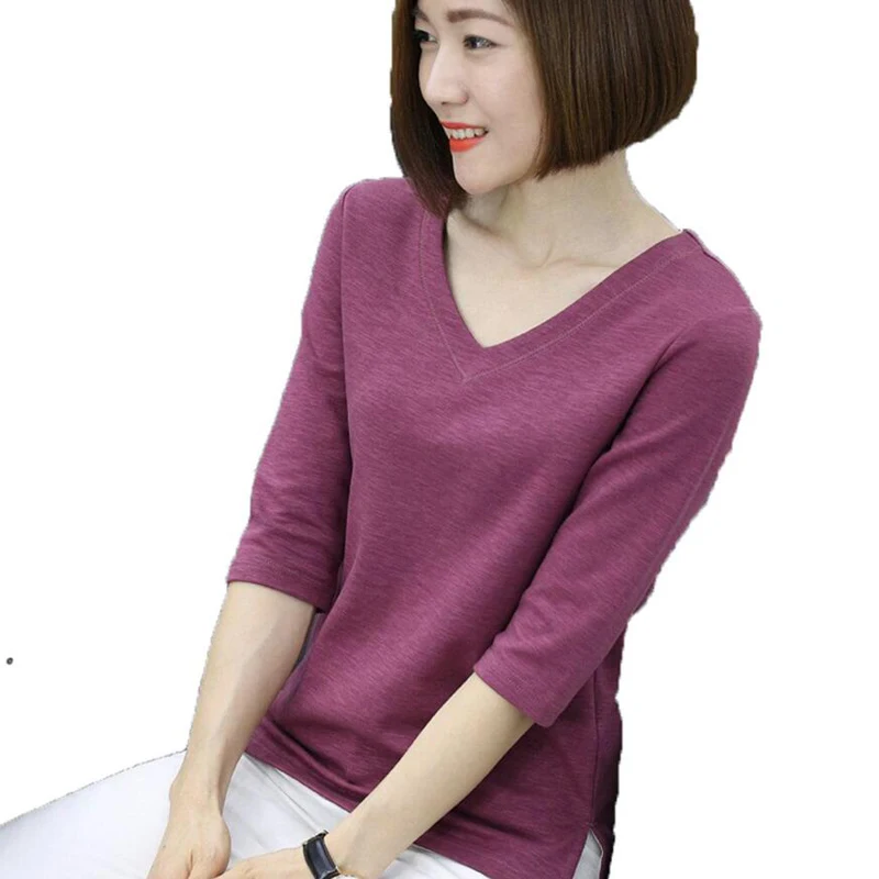 

2018 spring t shirt women fashion new solid color plus size loose Women T-shirt v neck elegant female tops camisetas mujer