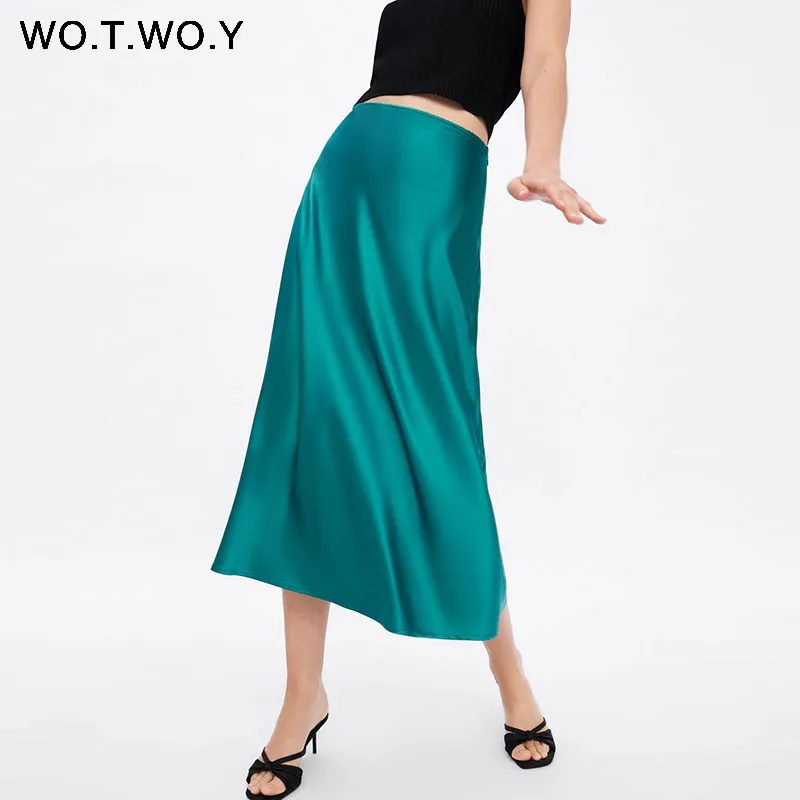 WOTWOY 2019 Горячие трендовые атласные юбки женские с высокой талией на молнии тонкие