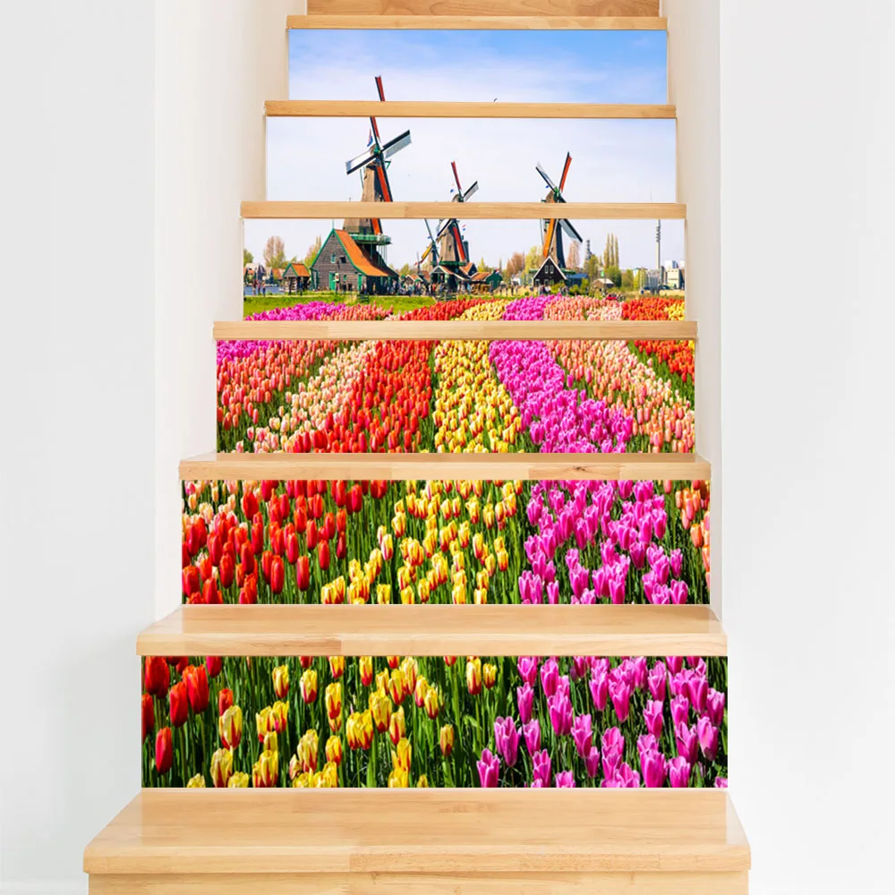 

6pcs/set 18cm x 100cm Windmill Flowers Stairs Decoration Wallpaper Art Pegatinas De Pared Home Decor Mural LT028