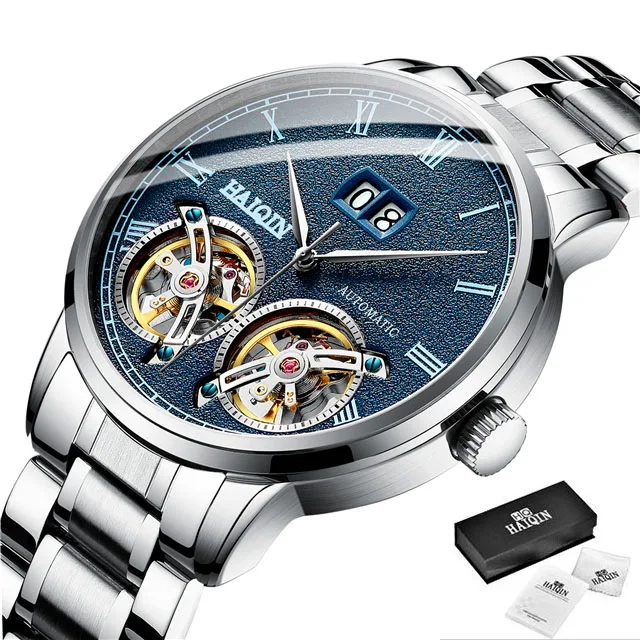 S-Silver blue Мужские часы HAIQIN, новинка, Повседневная мода, автоматическая техника, наручные часы для мужчин, лучший бренд, роскошные Tourbillon часы, Relogio Masculino - Цвет: S-Silver blue