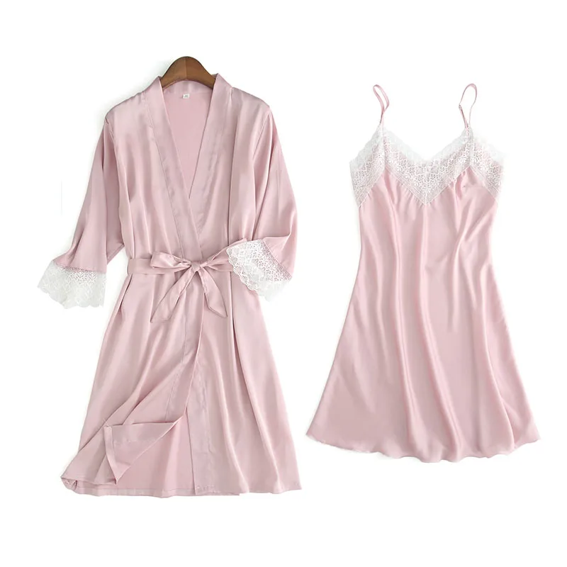 Женский комплект из 2 предметов BZEL Шелковый Атласный халат и ночная рубашка для
