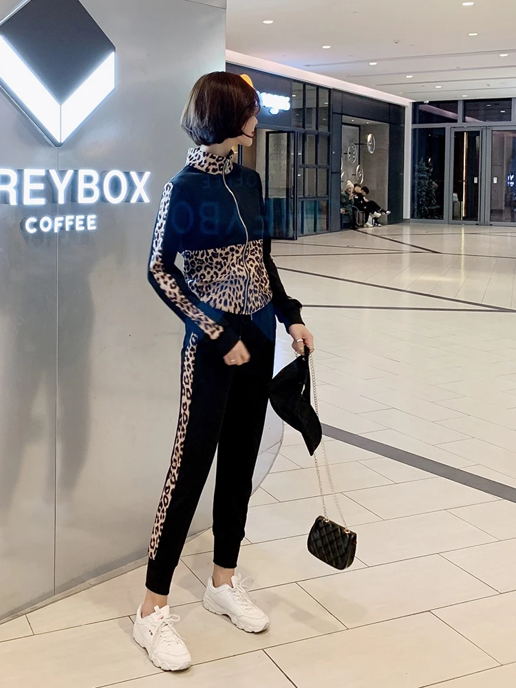 Leopard Patchwork Knitting 2 Piece Set Women's Long Sleeve Zipper Jacket Coat+Pocket Pencil Pant Sweater Tracksuit Trousers | Женская