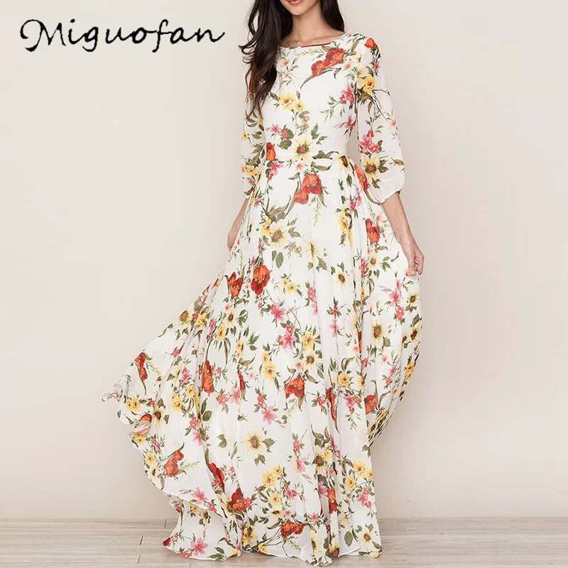 Белый Miguofan Bohemian Maxi Dress Women White Floral Print Half Sleeve Loose Boho Dresses Casual Summer Dress Vestidos Female - Цвет: Белый