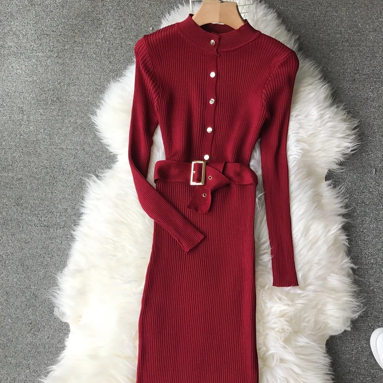 ALPHALMODA элегантные офисные платья вязаное платье Однобортный высокого пояса