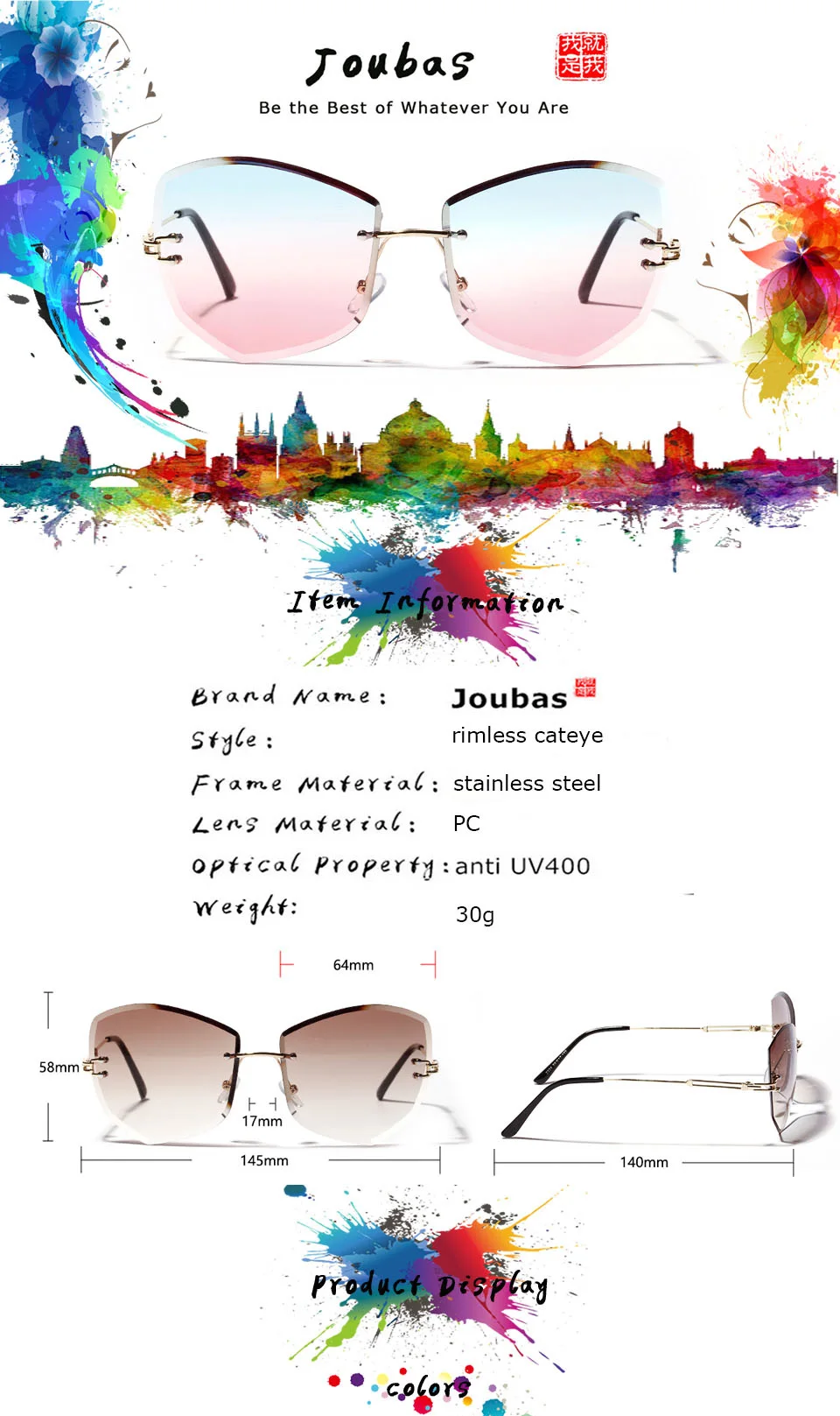 Joubas Cateye, без оправы, солнцезащитные очки для женщин/мужчин,, высокое качество, без оправы, градиентные солнцезащитные очки, полигоновые оттенки, роскошный дизайн 111
