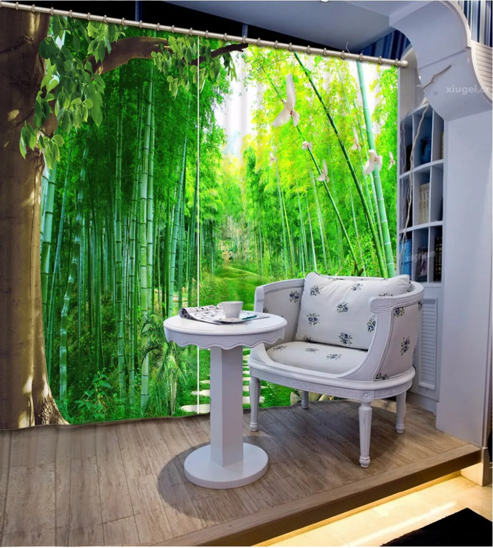 

3D Curtain Blackout Shade Window Curtains Green Park Bamboo Forest Flowers Curtain Living Room Bathroom Curtain Minions