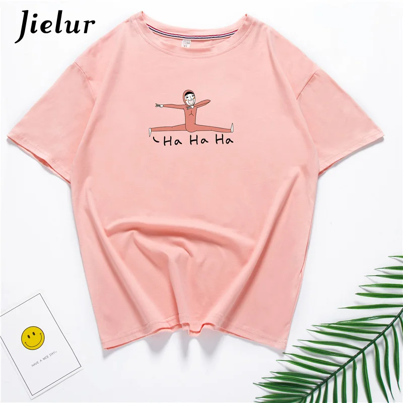 Jielur счастливый Harajuku Kawaii печатных забавная футболка Femme хлопок белая черный M-XXL