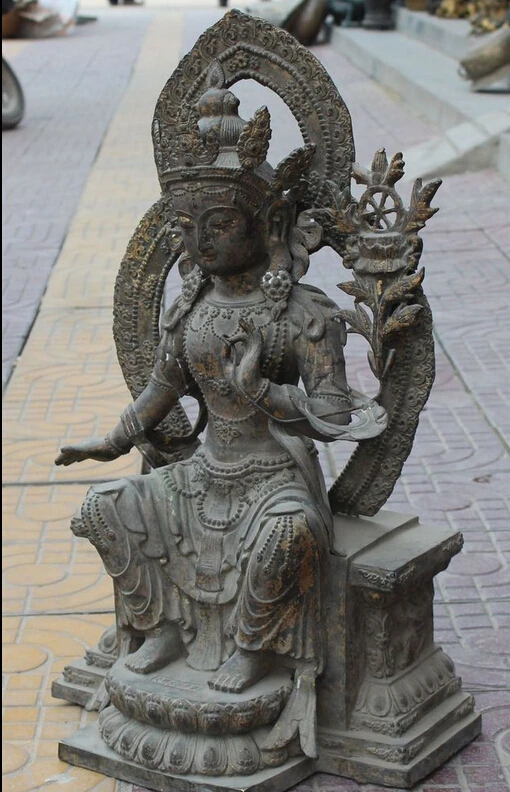 bir 005408 25&quot Old Tibet Buddhism Bronze Gilt Seat Lotus White Tara Goddess Buddha Statue |