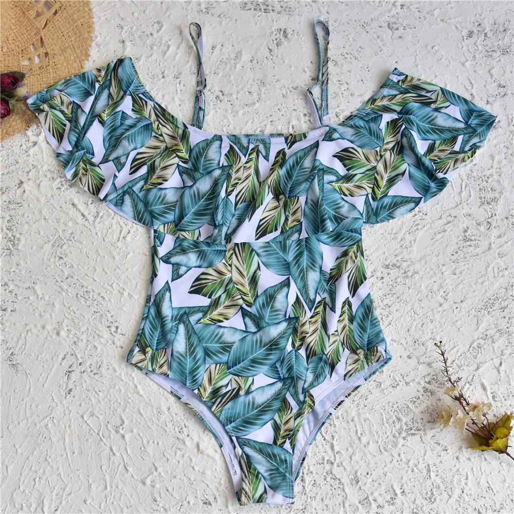 Сексуальный купальный костюм с принтом банана гофрированный открытыми плечами