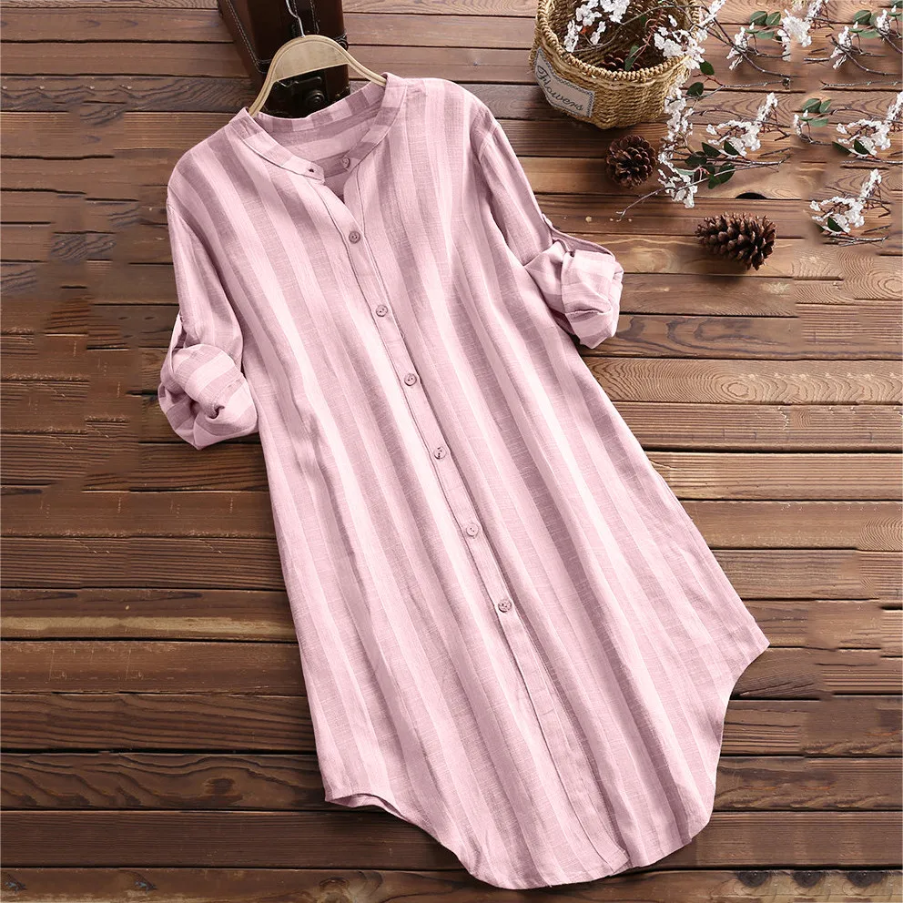 Pink Женские топы и блузки, модные женские рубашки с длинным рукавом, Повседневный пуловер на пуговицах, хлопковый полосатый топ размера плюс, туника, блузка - Цвет: Pink