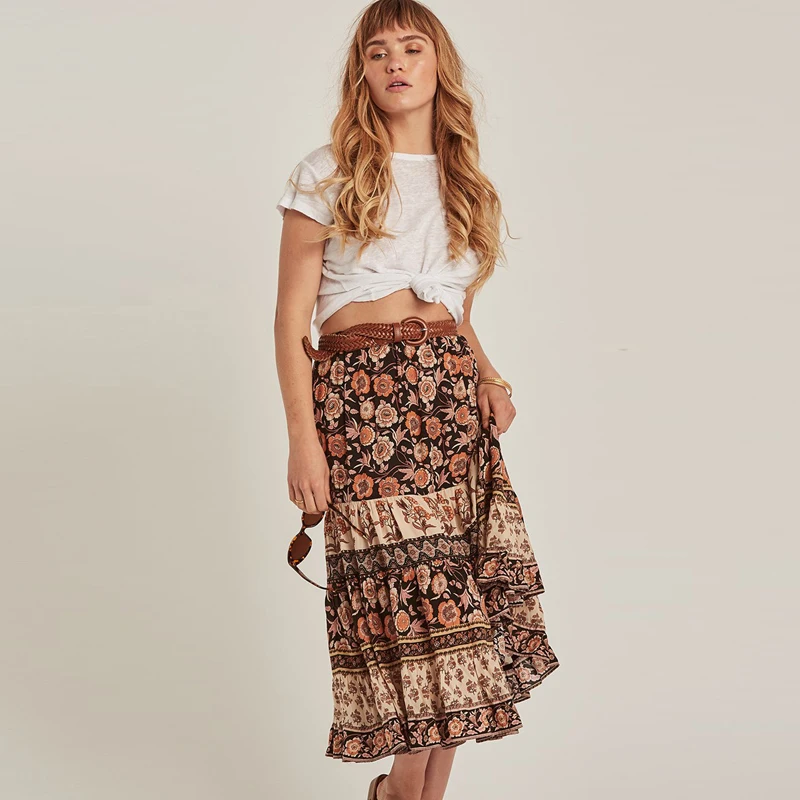 TEELYNN boho юбка коричневая вискоза цветочный принт летняя юбка шнурок талии трапециевидной формы Пляжная одежда Повседневная хиппи длинные юбки falda
