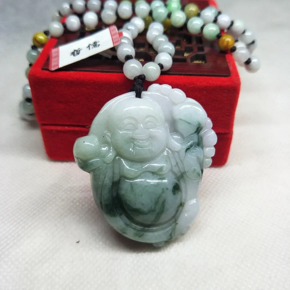 Zheru Jewelry Pure Natural Jadeite Two-color Stereo Laughing Buddha Pendant Tri-Color Bead Necklace Send A-Class Certificate