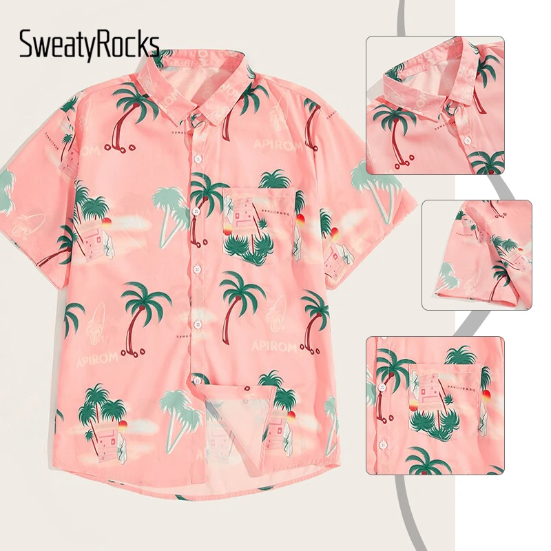 SweatyRocks Мужская рубашка с принтом кокосовых деревьев с изогнутым подолом уличный с короткими рукавами рубашка мужская одежда Летняя Повседневная розовая рубашка