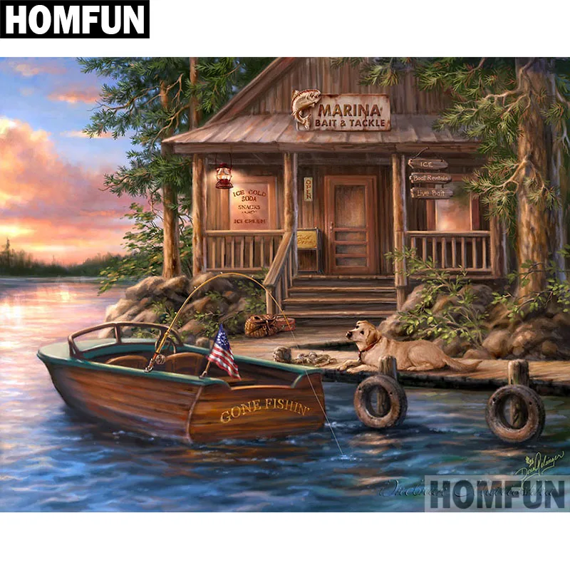 Алмазная 5D Вышивка HOMFUN A06357 картина Дом лодка с полными квадратными/круглыми