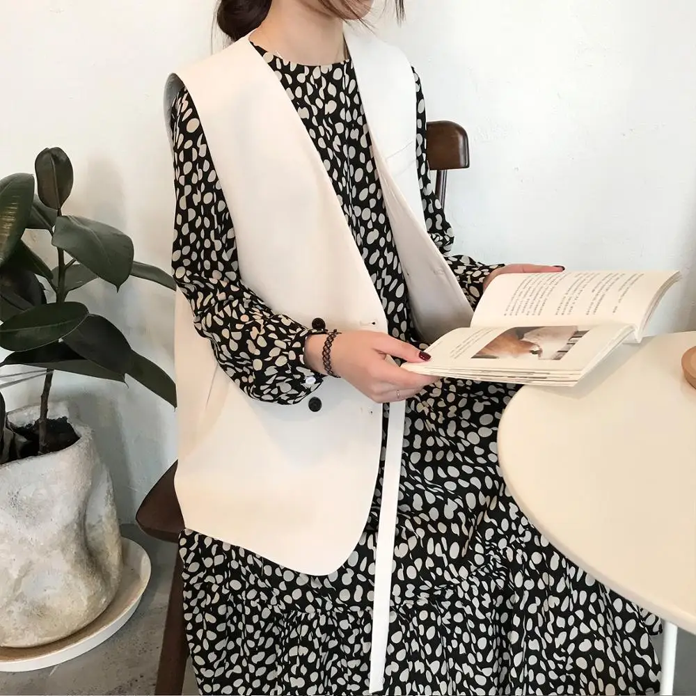 Autumn 2019 New Office Lady Casual Vest Women Broadcloth Cotton V Neck Elegant Double Breasted Sleeveless Blazer Solid Waistcoat | Женская