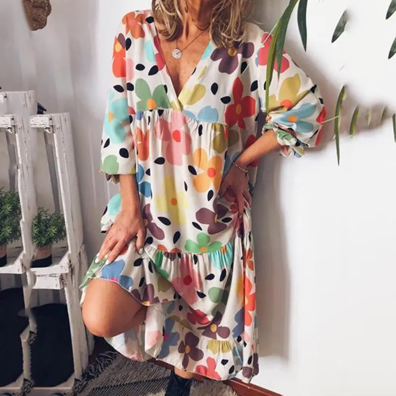Женское пляжное платье с цветочным принтом Boho желтое прямое миди размера плюс