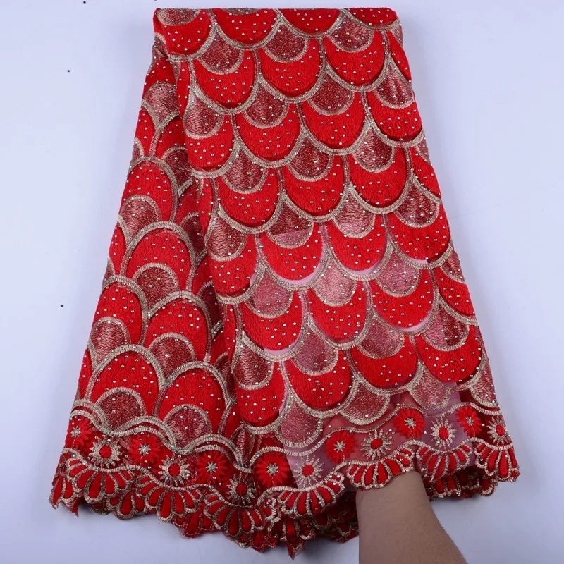 

Nigeria Soft Milk Silk Lace Fabrics For Wedding Dress High Quality Red African French Net Lace Fabric With Rhinestones S1436