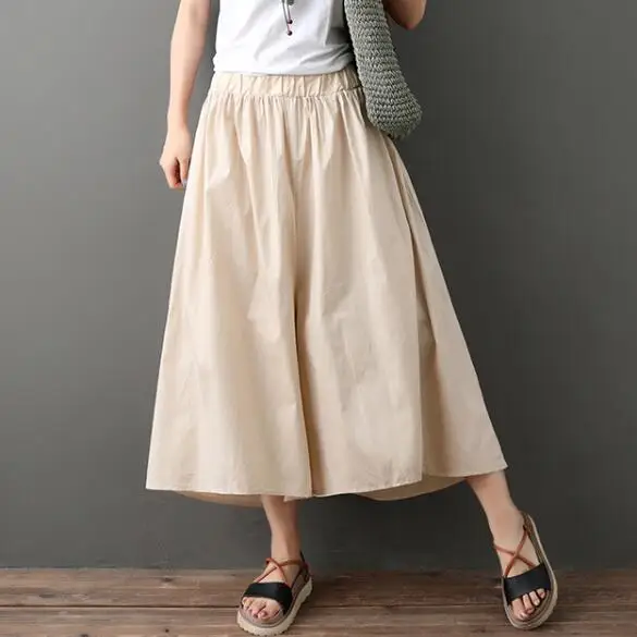 

Apricot,Black Vintage Summer Trousers New Women Elastic Waist Wide Leg Pants Culottes Cotton and Linen Loose Pants Pockets