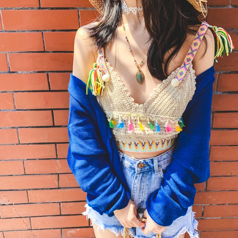 Женский укороченный топ в стиле бохо ручной работы Вязаный с бахромой вязаный