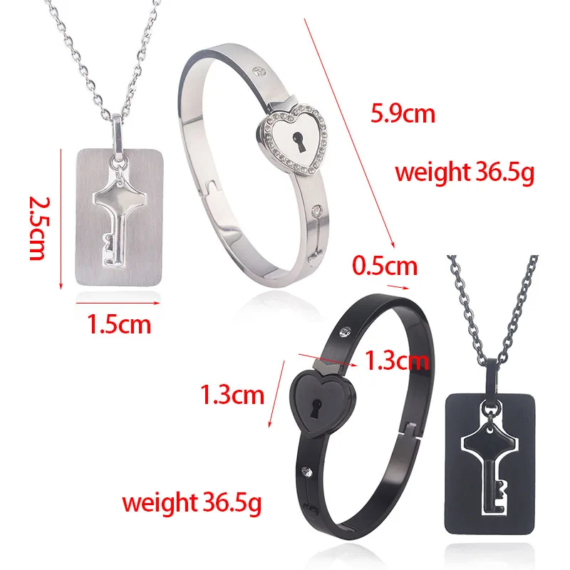 

Fashion Love Heart Lock Bangles Bracelet Stainless Steel Crystal Key Pendants Necklace Women Men Lover Jewelry Gift