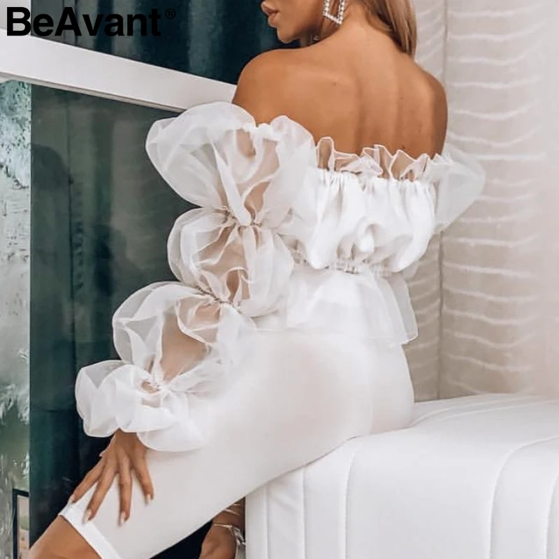 BeAvant белый женский короткий топ с открытыми плечами прозрачный сетчатый рукав