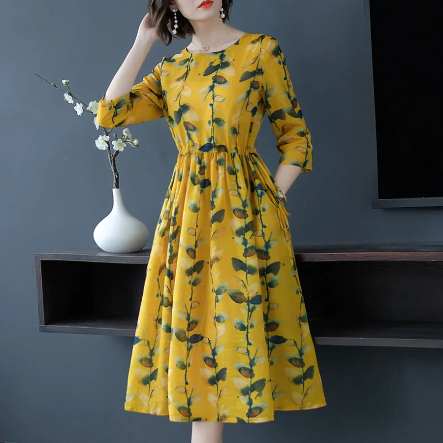 2019 New Vintage Yellow Floral Silk Midi Dresses Summer 3XL Plus Size Print Two-piece Set Bodycon Sundress Elegant Women Vestido | Женская
