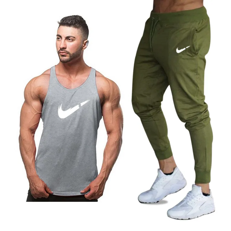 Bodybuilding new vest men's LOGO printing + pants sports tight high elastic brand sportswear summer suit | Мужская одежда