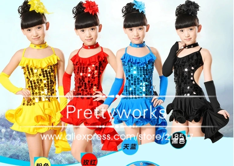 Free shipping rumba latin tango ballroom samba dance black blue yellow red 4 color girl child M-XXL competition dress costume |