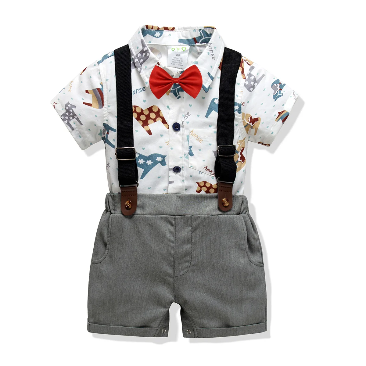 

Oklady Fashion Boy Clothes Long Sleeve Dinosaur Print Shirts Romper+Suspenders Pants Gentleman children Clothing Set