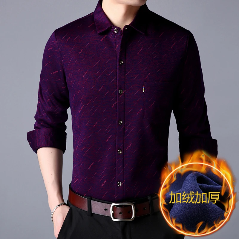2018 new Mens Long Sleeve Plus Velvet Shirts purple Blue Slim Elegant Men Winter Keep Warm Striped Turn down Collar Shirt | Мужская