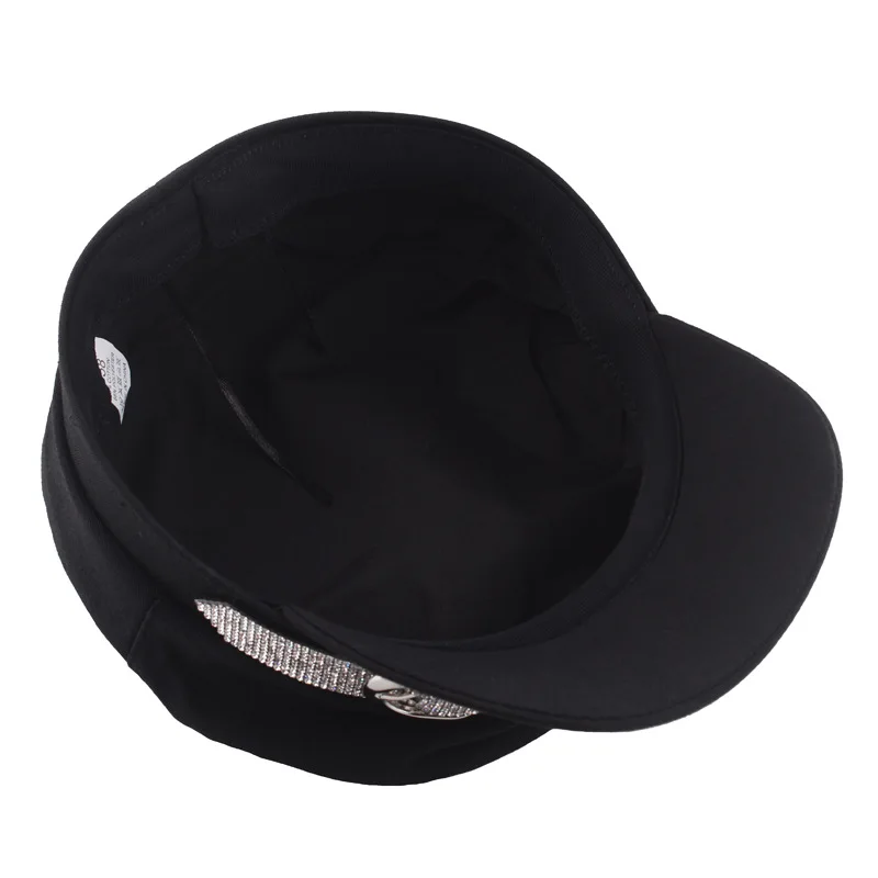Women's Hat Flat Cap Military Cap Spring Autumn Super Flash Rhinestone Belt Buckle Flat Top Military Hats Fashion Berets Cap