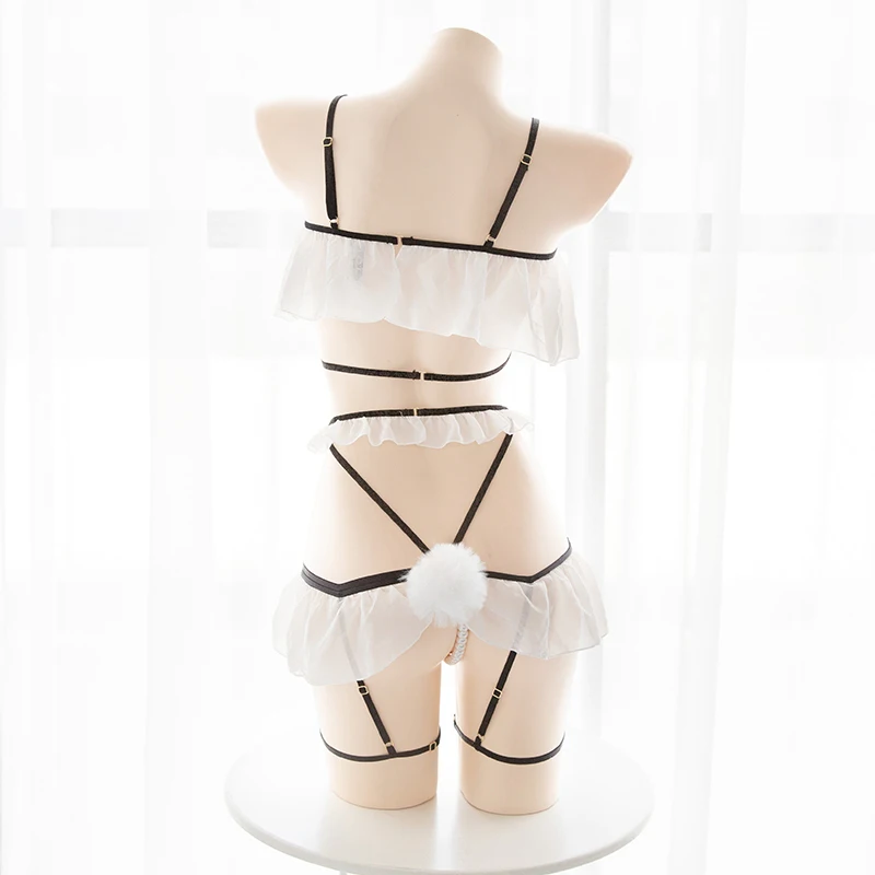 

Sexy Women Hollow Perspective Underwear Set Lolita Cute Rabbit Tail Panties 2 Pcs Set Chiffon Bow Ruffle Lingerie Suit 2 Colors