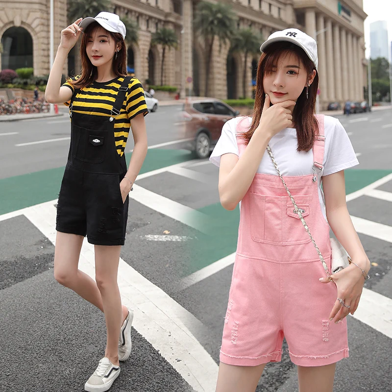 New Arrivals Women Clothes 2019 Solid Hole Denim Short Pants Female Loose Casual Plsysuits Pockets Button jumpsuits | Женская одежда