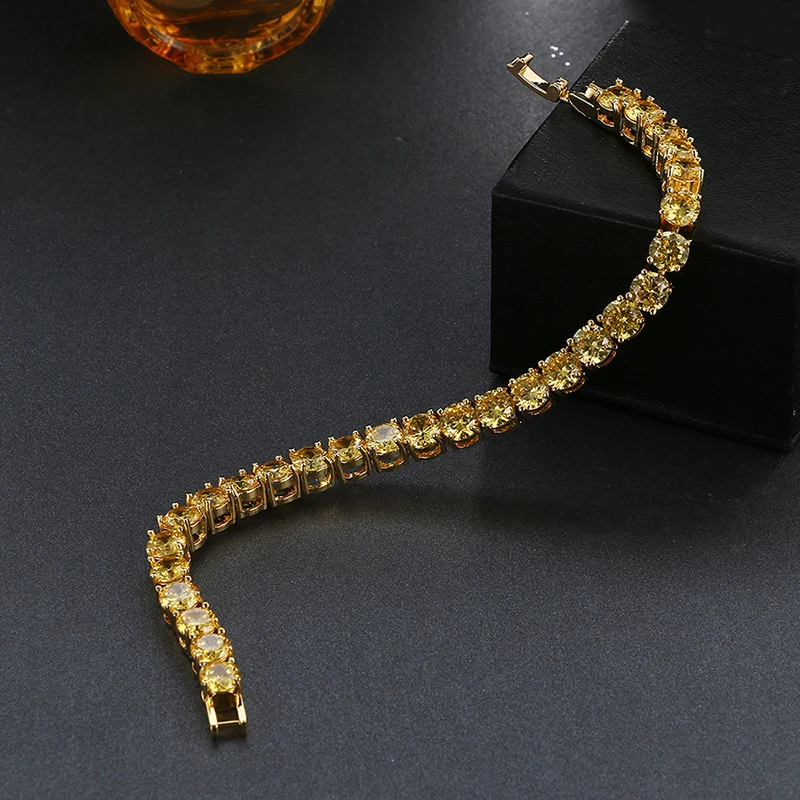 Yellow AAA Cubic Zirconia Gold-Color Women Bracelets Pulseiras Dubai Jewelry Anniversary Bracelet For Wedding Party Gift B-009 | Украшения