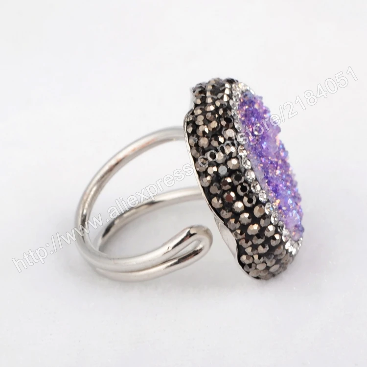 Round Dyed Purple Agate Druzy Geode Ring For Woman Gun Black Crystal Rhinestone Pave Zircon Fashion Design JAB084-4 | Украшения и